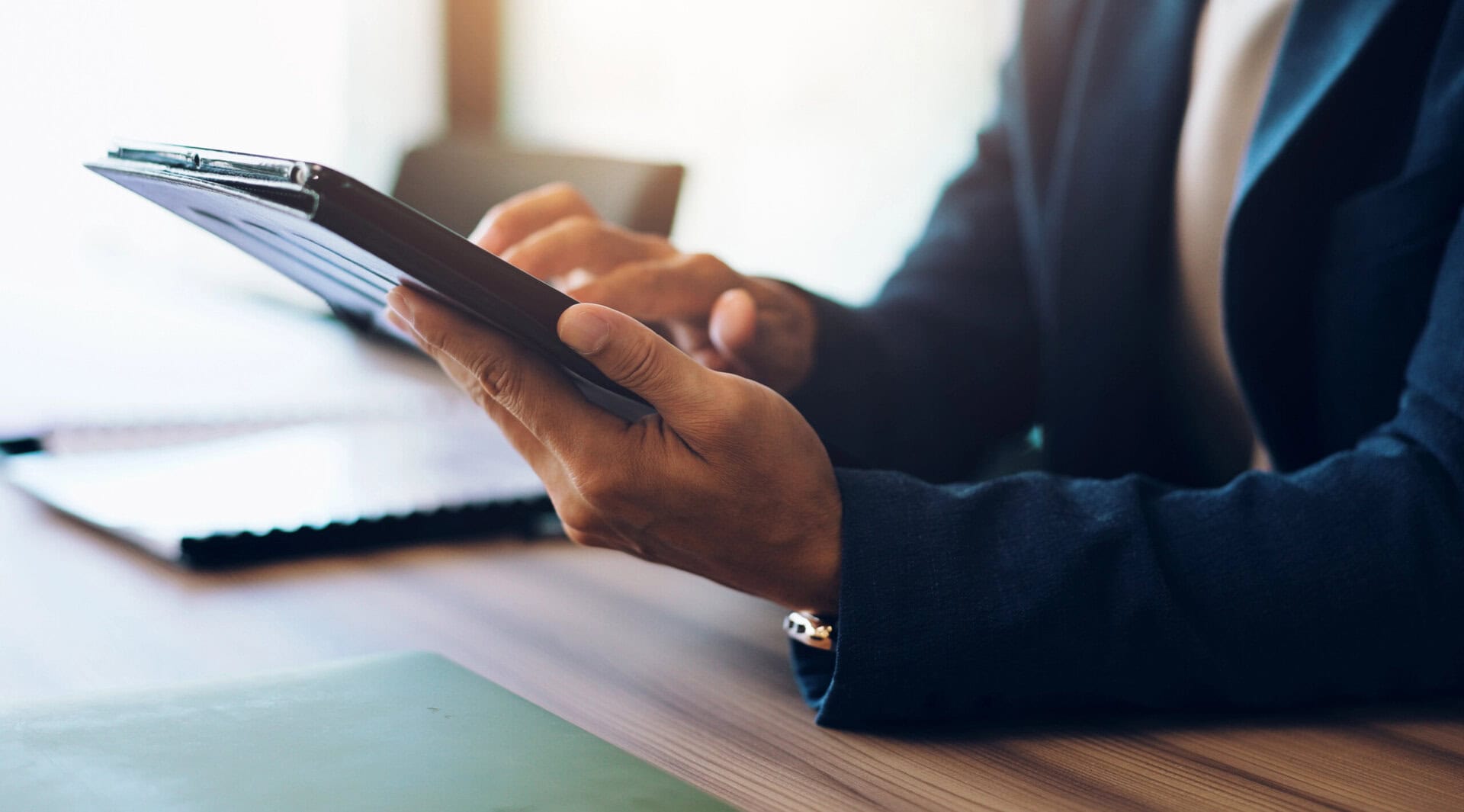 Tablet, report and hands of business person in office.